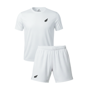 Front view of Gabriq white combi set, including shirt and shorts, offering comfort and style for athletes.