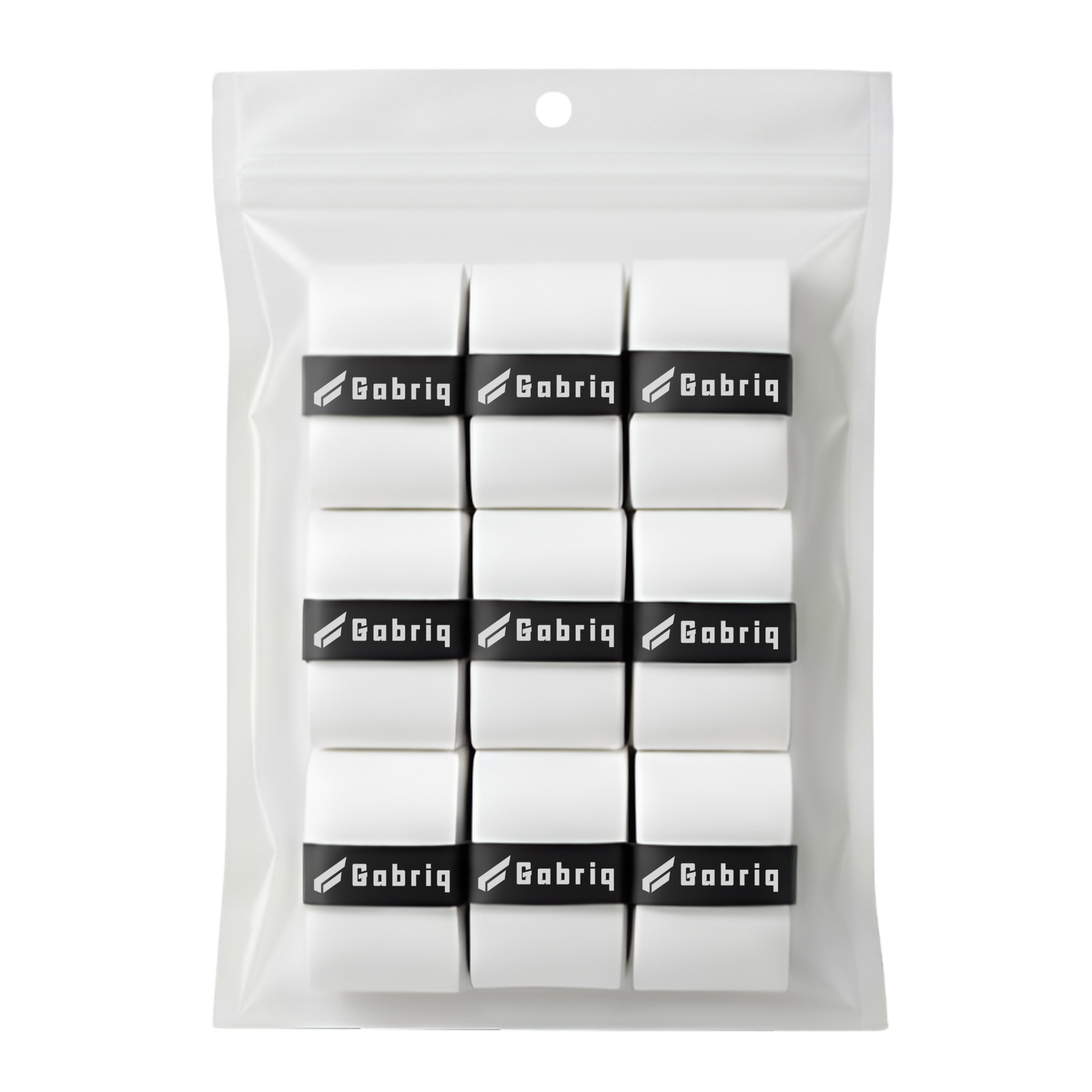 Nine-pack of Gabriq white grips, designed for an extra sticky feel, providing unbeatable grip and control during padel matches.
