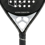 Close-up of the Gabriq Elvone Hybrid Pro racket, emphasizing the texture and grip for excellent control and durability.