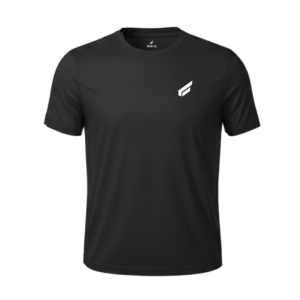Front view of the Gabriq black performance shirt, combining style and performance for active sports players.