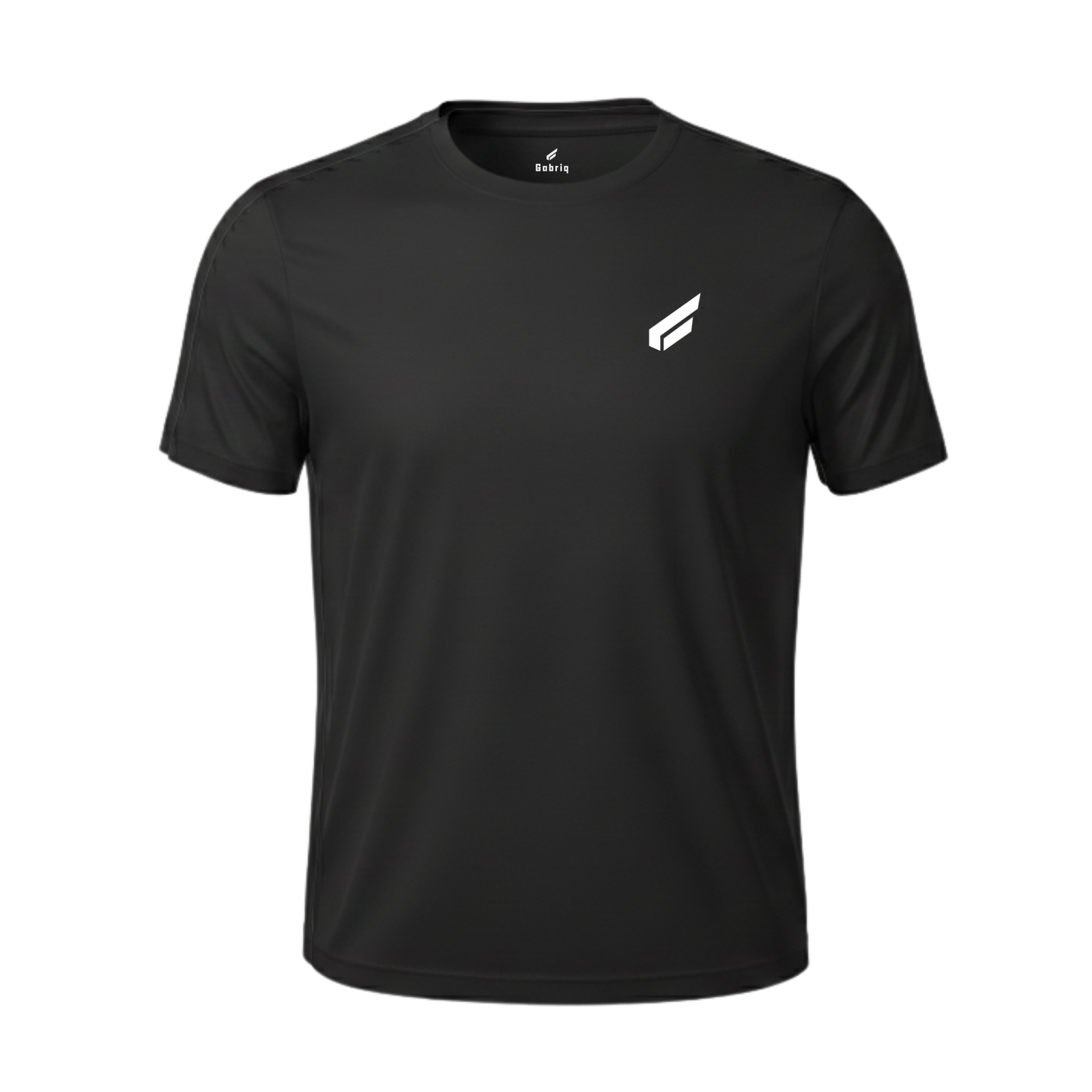 Front view of the Gabriq black performance shirt, combining style and performance for active sports players.