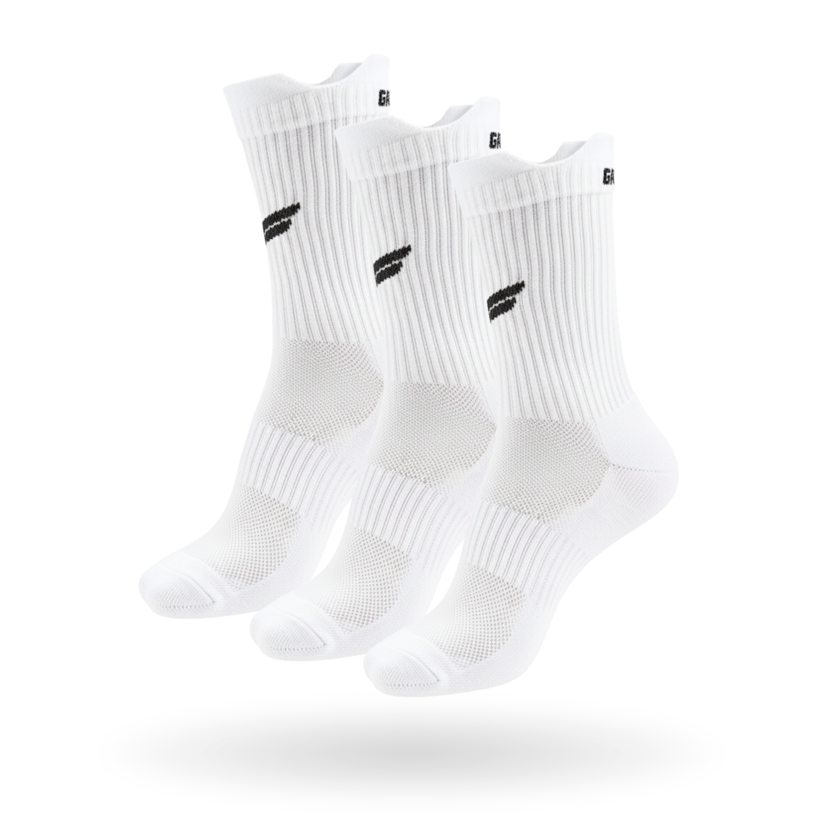 Pack of three white Gabriq performance socks, offering durability and support for active players.