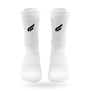 Close-up of Gabriq white performance socks, highlighting the logo and design. Perfect for comfort and support during sports.