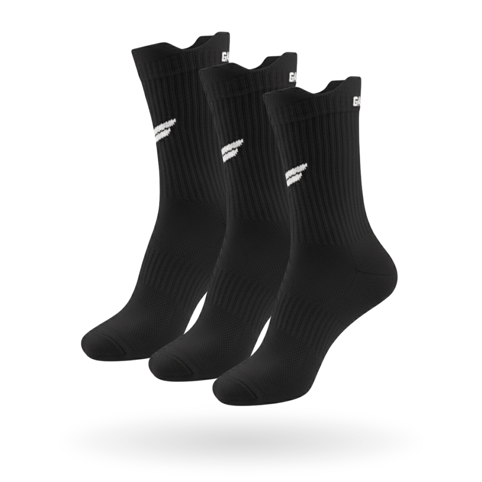 Three-pack of black Gabriq performance socks, offering premium quality and comfort for sports enthusiasts.