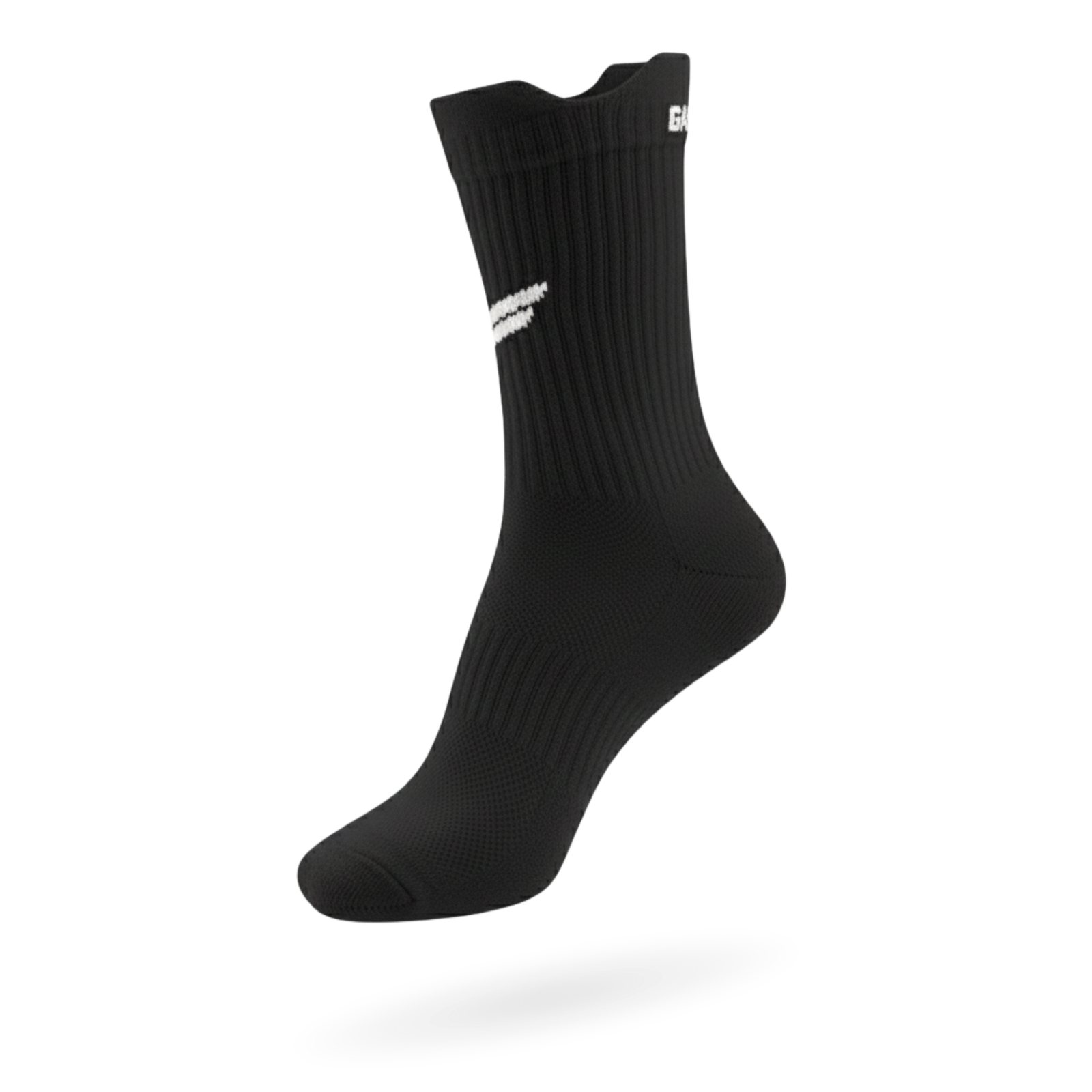 Side view of Gabriq black performance socks, providing flexible and breathable support for active wearers.