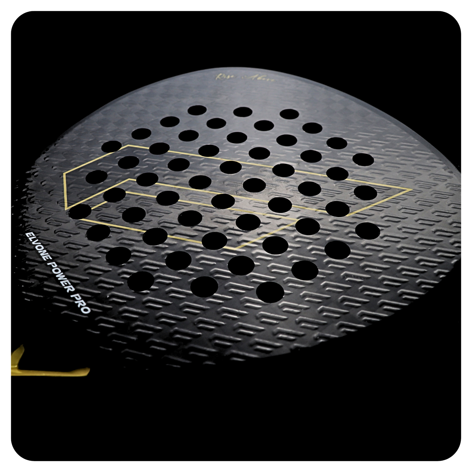 Side view of the Elvone Power Pro padel racket, designed with 12K carbon for strength and a 3D-pattern textured surface for superior spin and control. High balance for power shots.